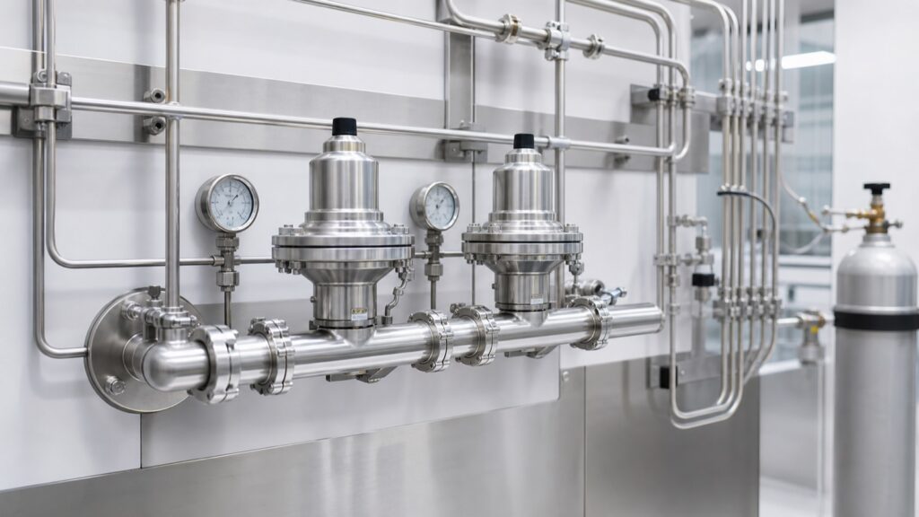 High-purity sanitary gas pressure regulators on a stainless manifold