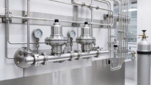 High-purity sanitary gas pressure regulators on a stainless manifold
