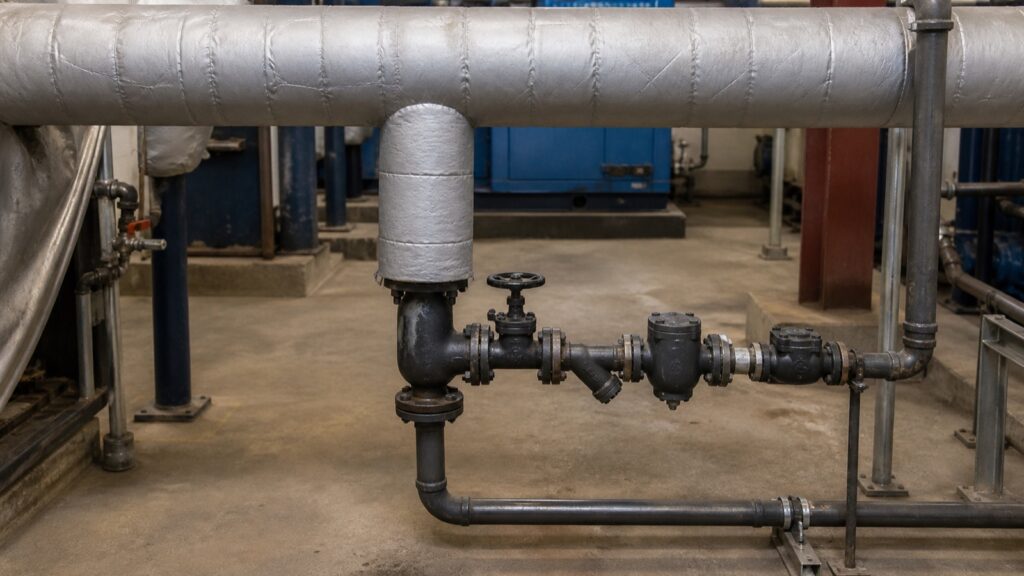 Correct steam main drip leg and steam trap station installation