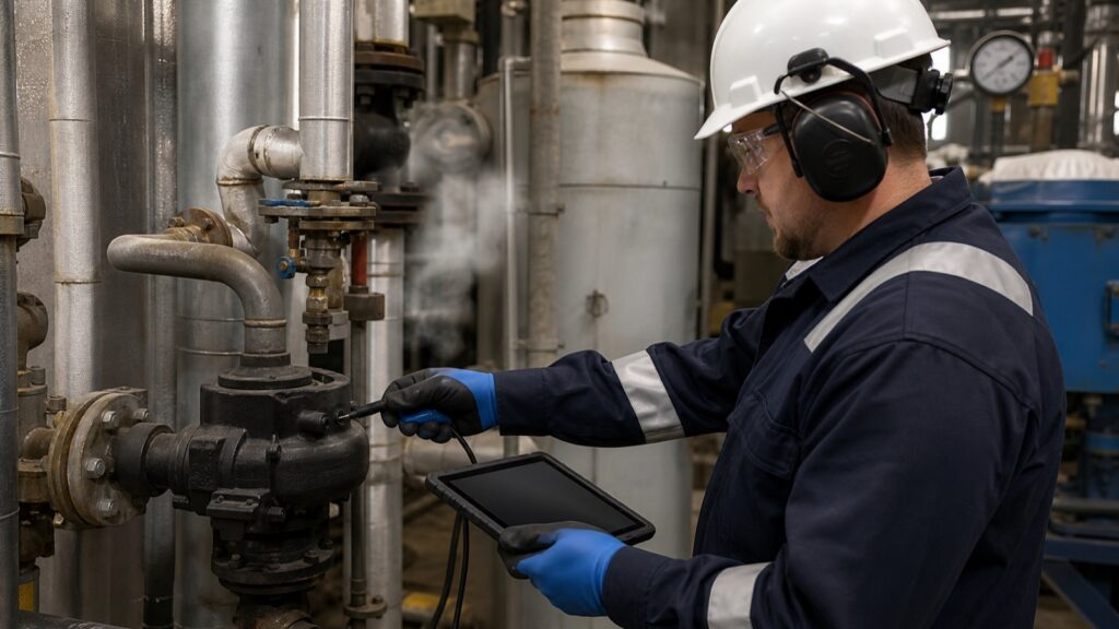 Engineer carrying out an ultrasonic steam trap survey