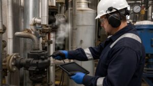 Engineer carrying out an ultrasonic steam trap survey